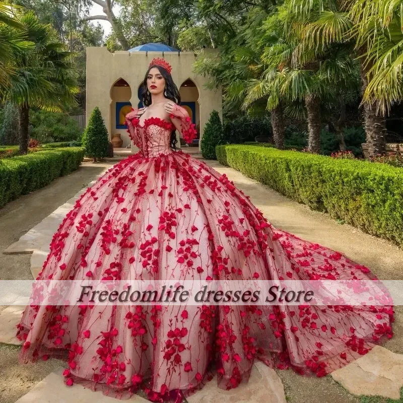 

Бальное платье принцессы, платья для Quinceanera, Charro 3D Цветочная аппликация с открытыми плечами, милая одежда на день рождения 16, vestidos de 15