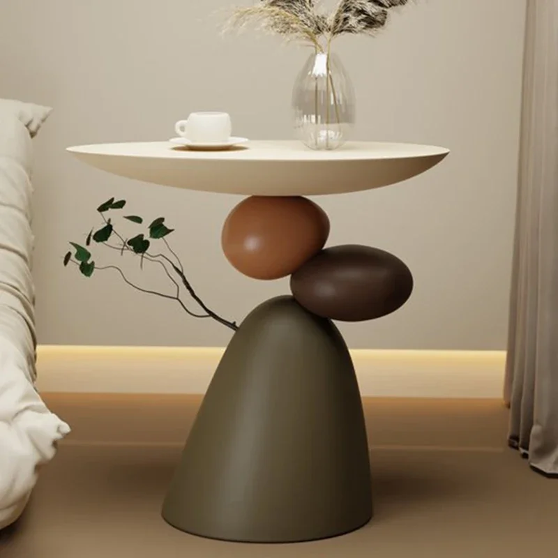 Cream Mid-Century Modern Stone Base Movable Side Table Living Room Accent Table Artistic Floor Decor
