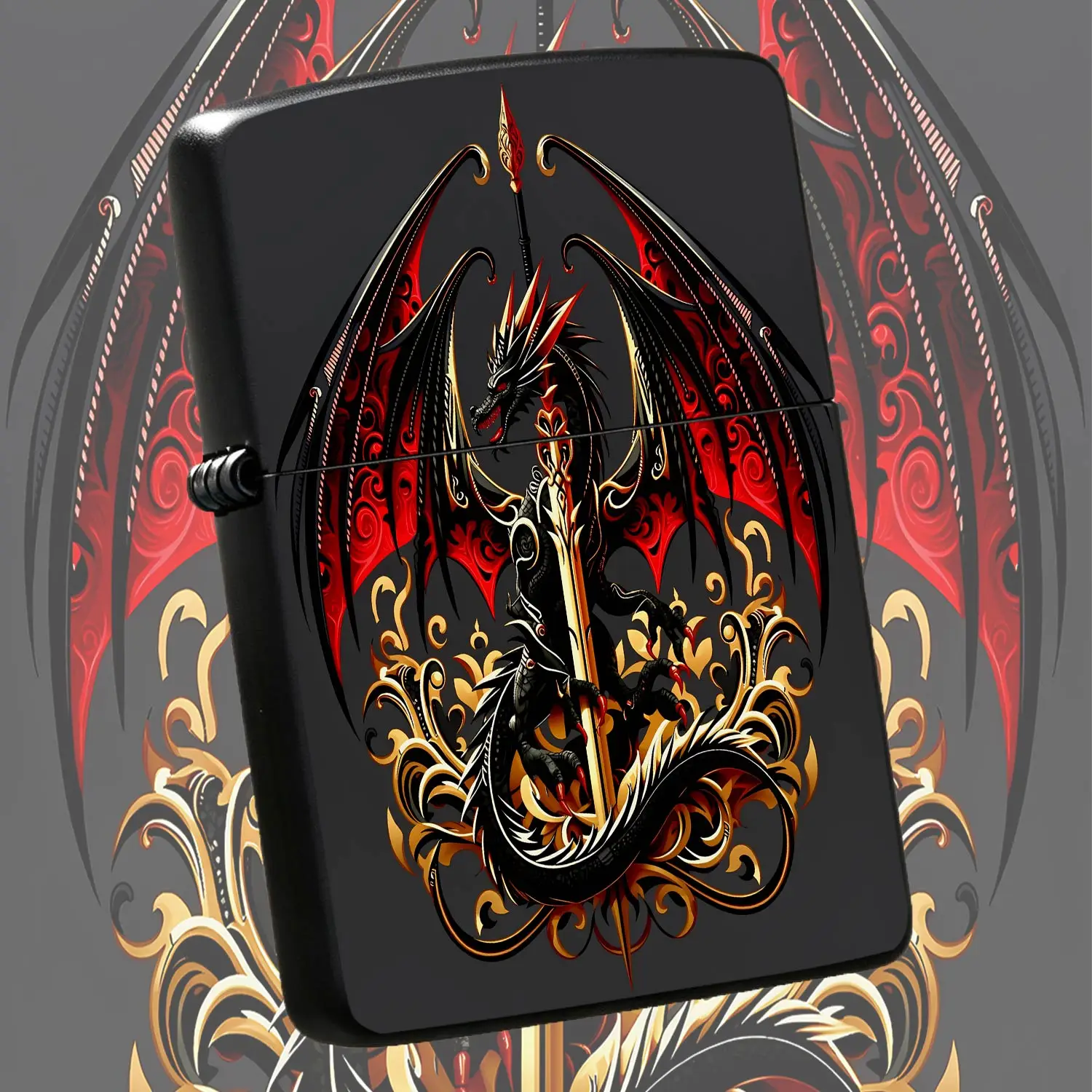 Stylish Black Gold Red Pattern Dragon Portable Lighter, Exquisite Mythical Dragon Themed Decor Accessory, Ideal for Camping Home Candle Lighting, Unique Creative Present for Dragon Lovers for All Scenes A Humorous And Interesting Lighter