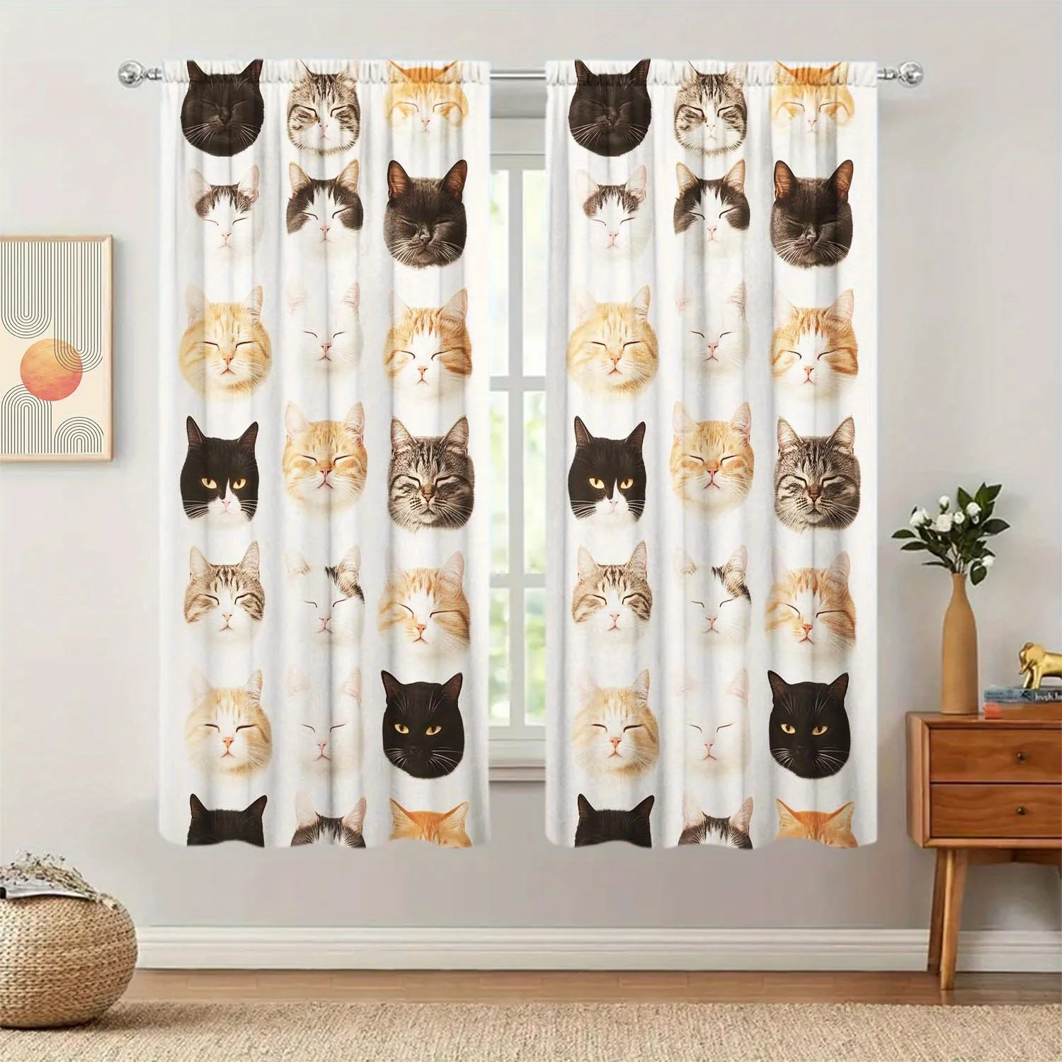 Whimsical Cat Face Curtain Window Drapes Novelty Pet Photo Print Curtain Cute Funny Animal Decor for Nursery Bathroom Bedroom Ho