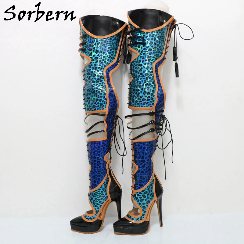 Sorbern Customized Cro Thigh Boots Women Pointed Toe Platform  High Heel Stilettos Leopard Shiny Hot Pink Fetish Shoes Lace Up