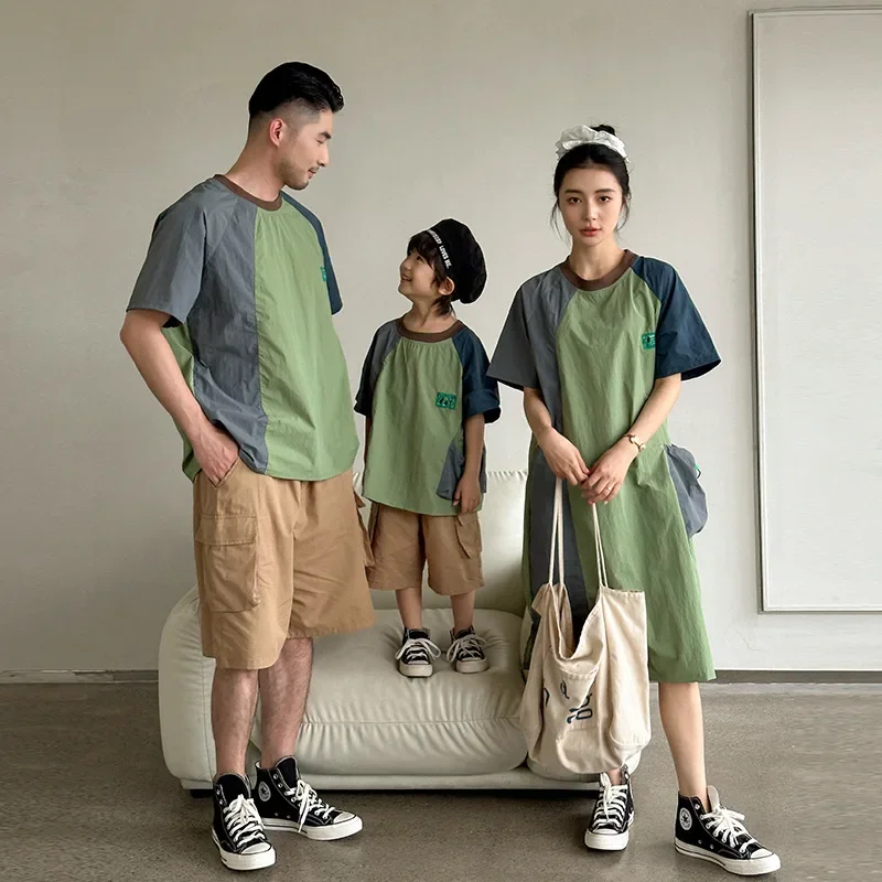 Korean Family Matching Set 2025 Summer Color Block Casual Outdoor Style Outfit Cute Vacation Clothes Dress Mom Daughter Mountain