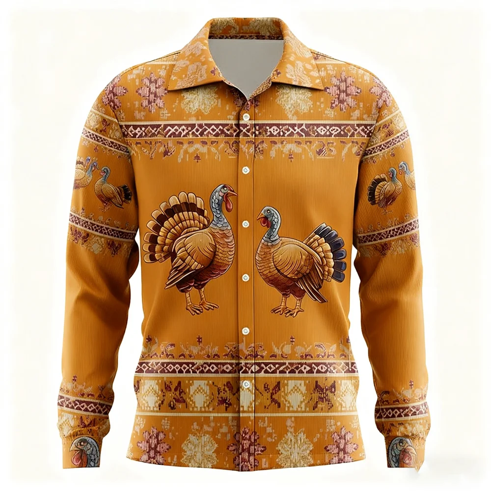 Men's Women's Bird Pattern Long Sleeve Shirts Fashion Cool Vintage Style Button Lapel Shirt Loose Comfortable Christmas Clothing