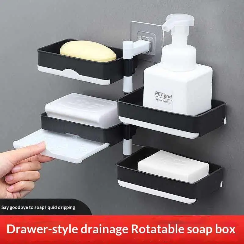 Non Drilling Soap Rack Wall Mounted Multi-layer Soap Box Storage Rack Rotatable Wall Mounted Soap Holder With Self Draining