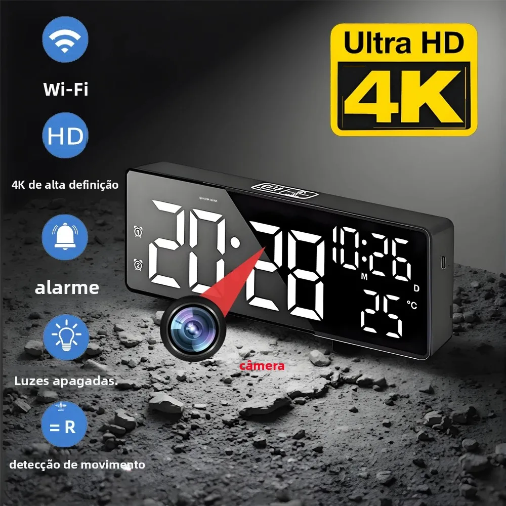 Mini Câmera 4K HD, Suporta Visualização Remota, Detecção de Movimento, Luzes Digitais Desligáveis, Câmera com Alarme Sonoro