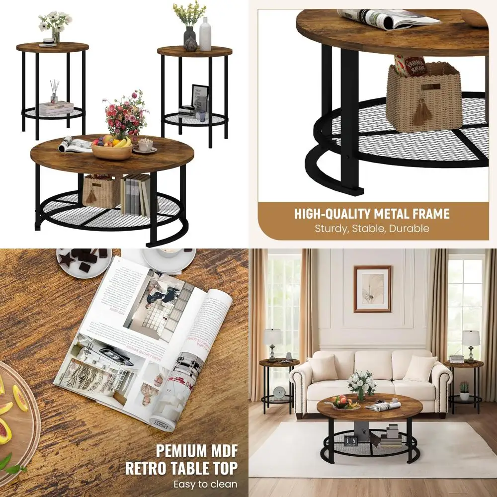 

Vintage-Style Dark Brown Round Coffee and End Table Set with Storage for Living Room