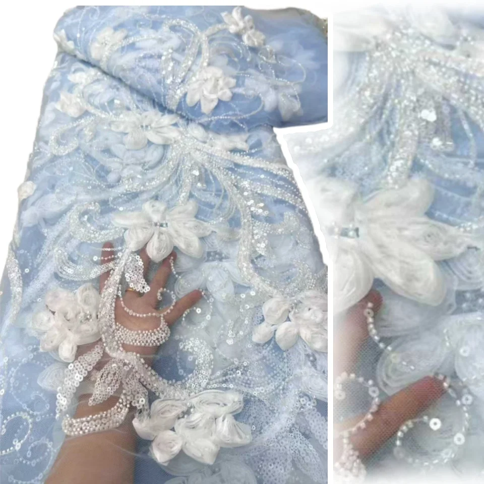 

2025 Purple 3D Flower Lace Fabric Beaded Sequins Embroidered Lace African Blue Sequins French Mesh Lace Beads for Sewing CC1398