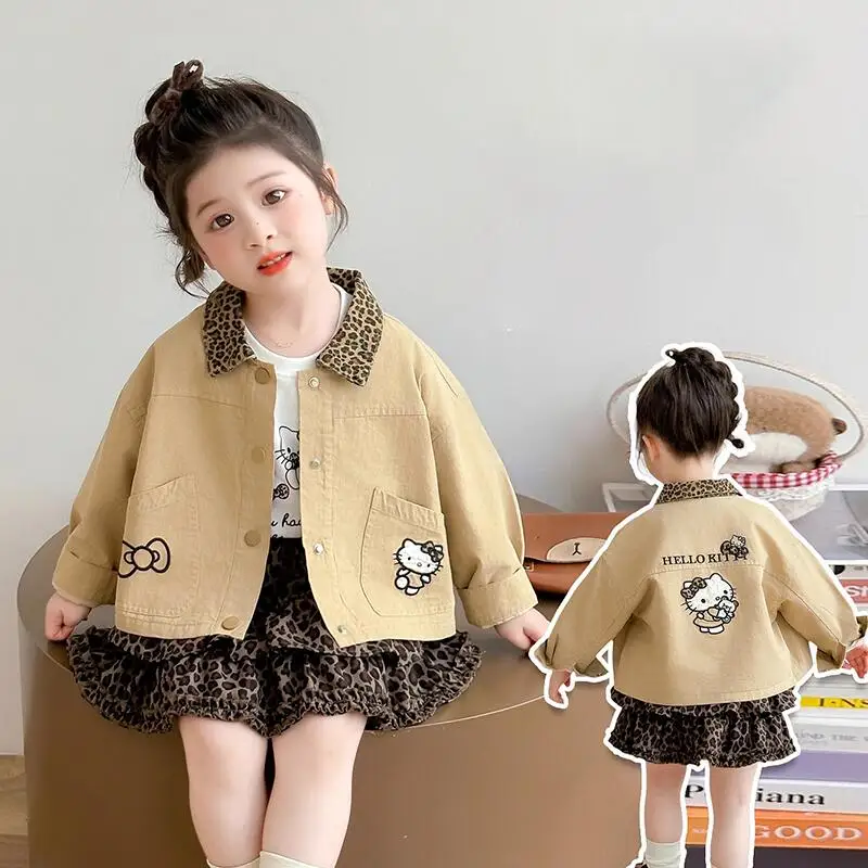 

Sanrio Hello Kitty Coat Three-Piece Set Tops Pullover Skirt Girl Leopard Print Kawaii Anime Cartoon Fashion New Casual Clothing
