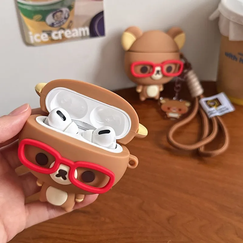 3D Rilakkuma Bear Glasses For AirPods Case Red Frame Silicone Cover with Strap Cute Kawaii Design for AirPods 4/3 Pro/Pro2/Pro3 view 2