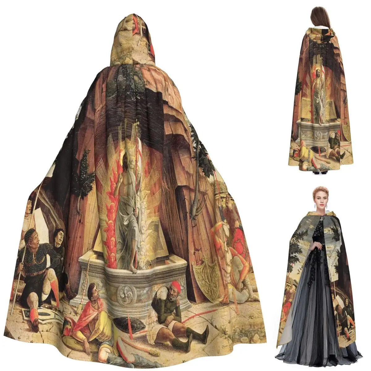 

Воскрешение священного христианского древнего креста, тамб в кладбище, крест Иисуса, длинный плащ с капюшоном, ведьма, средневековый костюм на Хэллоуин