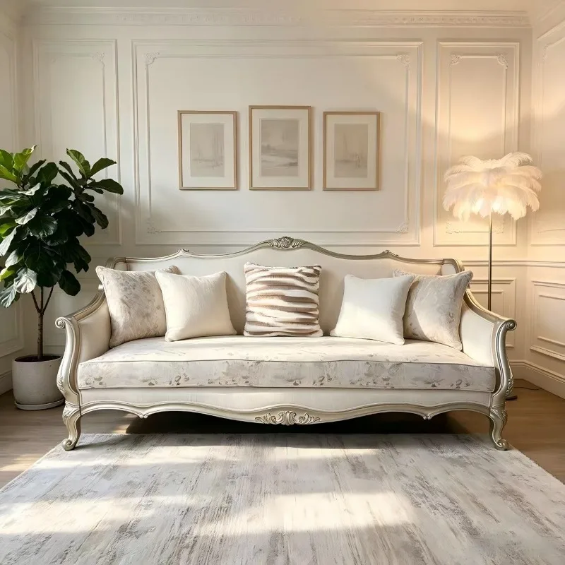 American French light luxury sofa, solid wood carving flower French high-end leather art fabric villa leather furniture