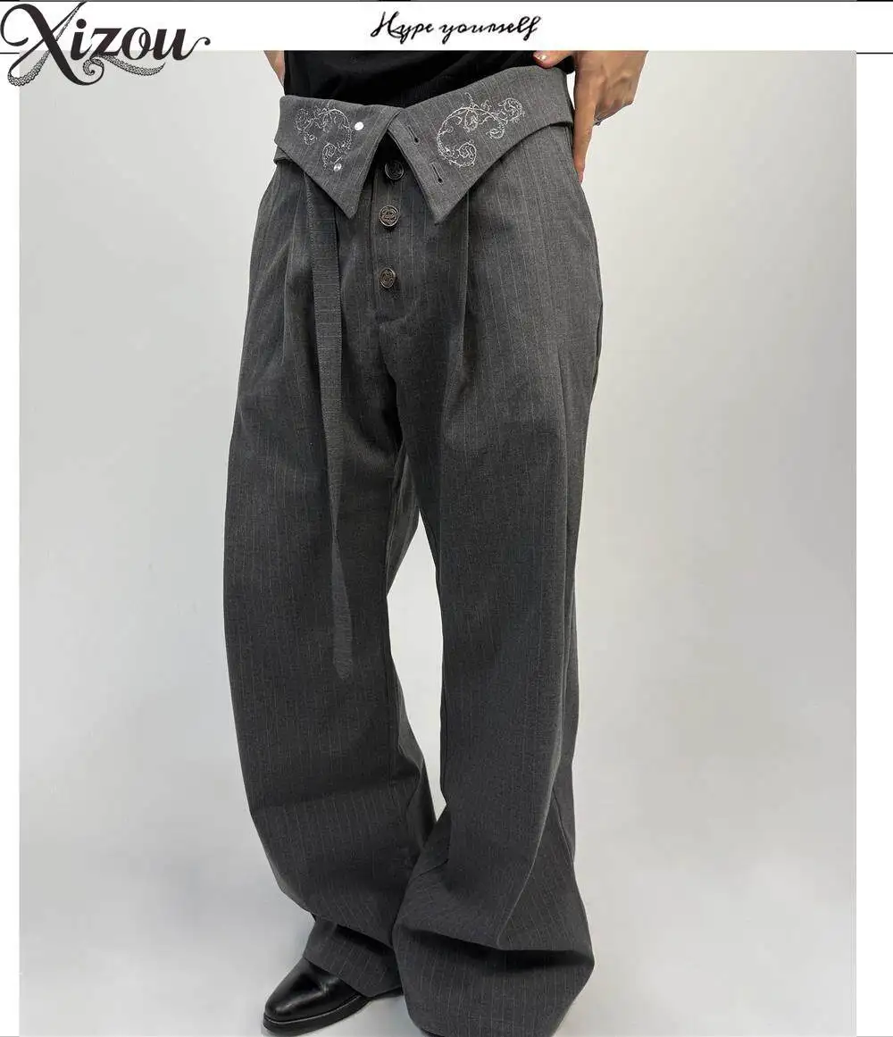 Vintage Wide Leg Pants Notch Lapel High Street Formal Casual Trousers Trend Straight Striped Ribbon Vintage 2026 Unisex Autumn
