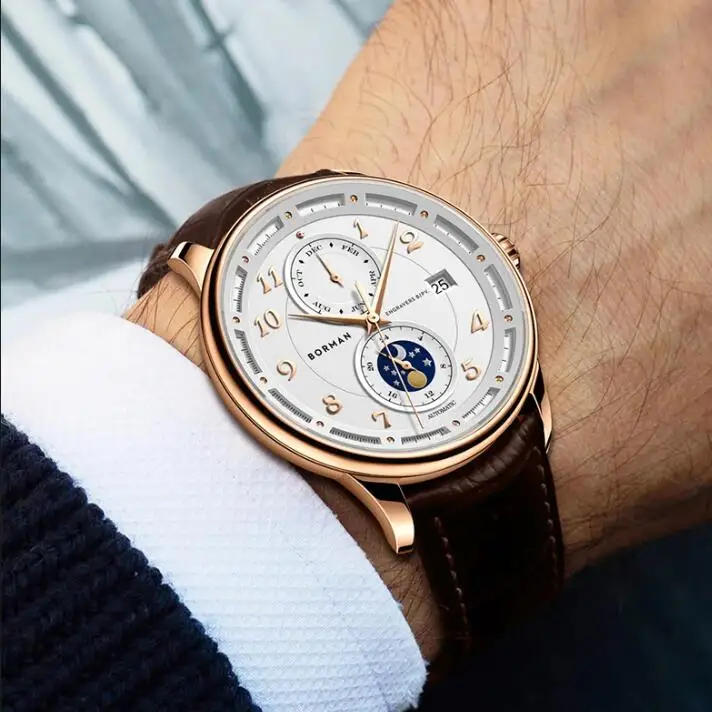 BORMAN Мужские автоматические часы 41 мм Роскошные механические наручные часы Водонепроницаемые с сапфировым стеклом Мультициферблат Месяц Дата