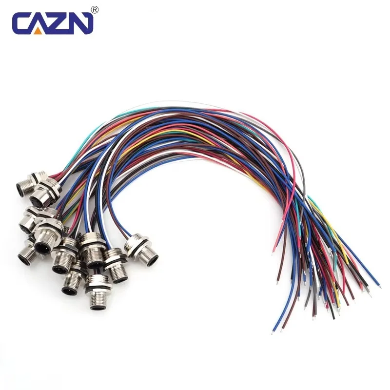 IP67 M12 Circular Connectors Male&Female 2/3/4/5/6/8/12/17 Pins Front Back Mount Socket With 30cm Wire Cable