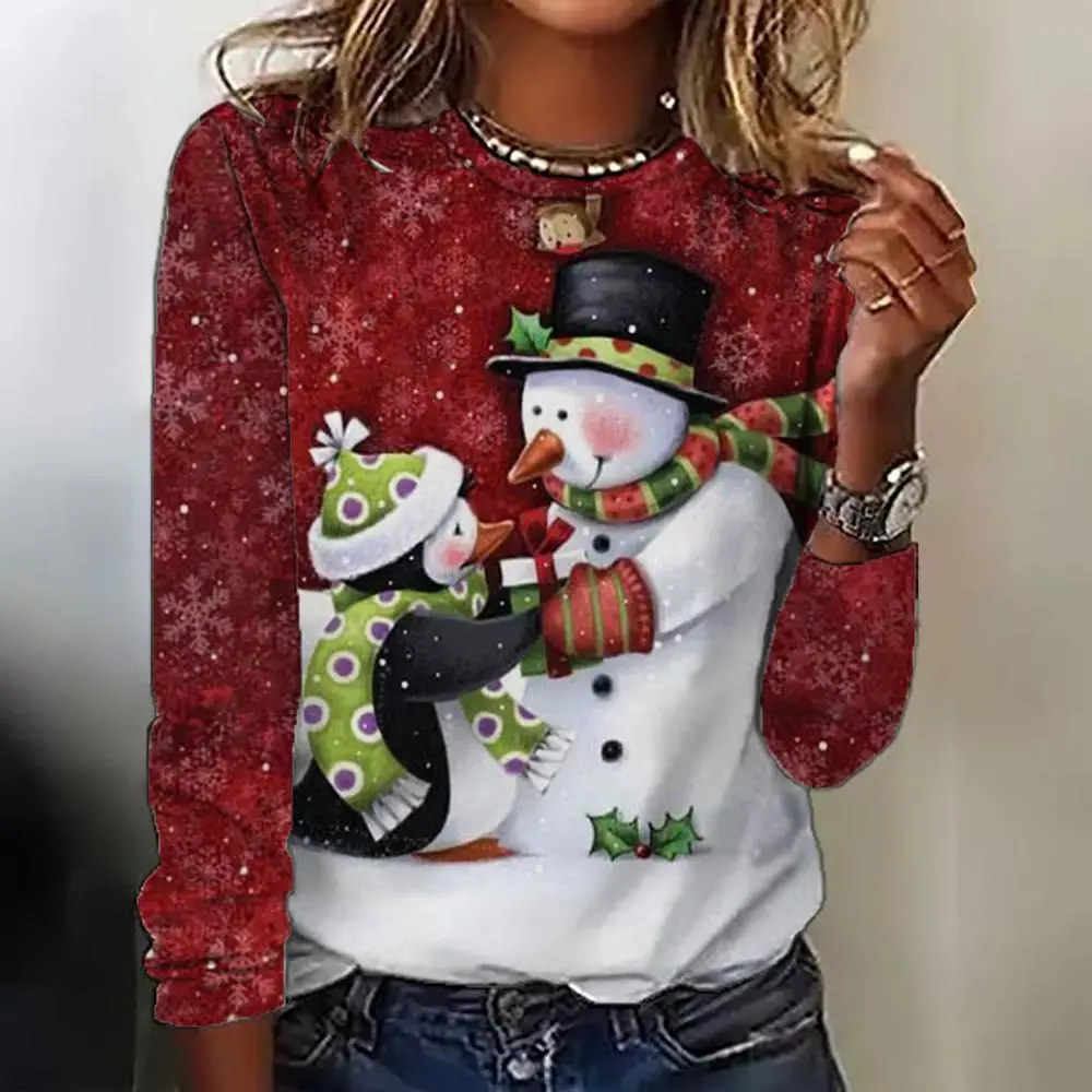 

Красная рождественская женская футболка с принтом снеговика, осень-зима, новые топы с длинными рукавами и рисунком рождественской вечеринки, женские повседневные футболки, рубашка