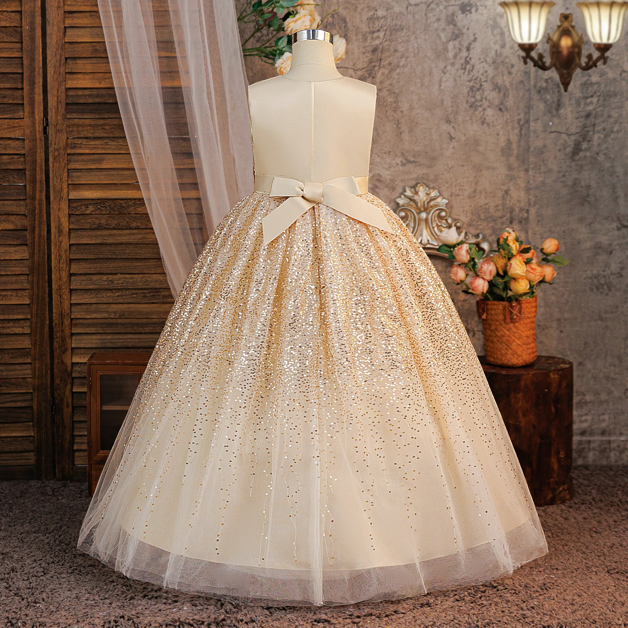 Luxury Sequin Bridesmaids Party Girls Dresses Elegant Bow Birthday Wedding Princess Prom Dress Girl Gala Pageant Evening Costume