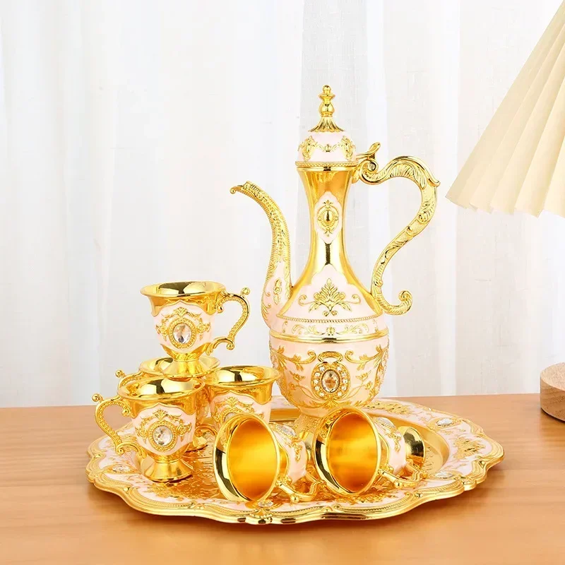 European Style Tea Set 6 Luxury Coffee Cup Vintage Metal Turkish Coffee Pot Set Craft Tea Tray and Teapot for Serving Tea Gift