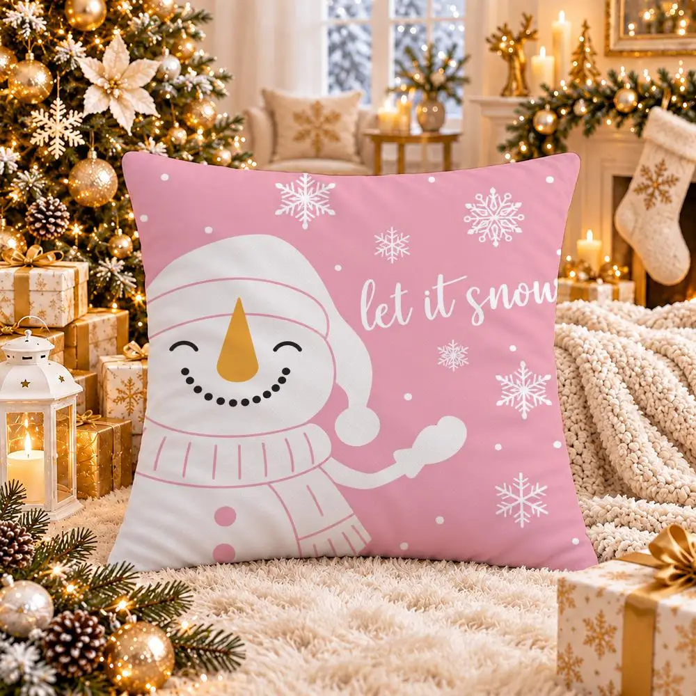 4PC Cute Pink Christmas Cushion Cover Soft Double-Sided Print Pillow Case Home Decor for Sofa Bed Bedroom Room Gift