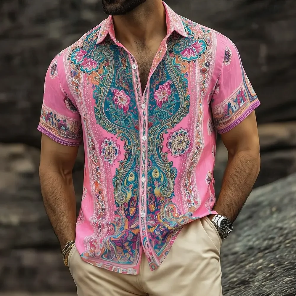 Men's Paisley Floral Ethnic 3D Print Short Sleeve Shirt Retro Streetwear Vacation Tops Blue Pink Orange Green Spring Summer