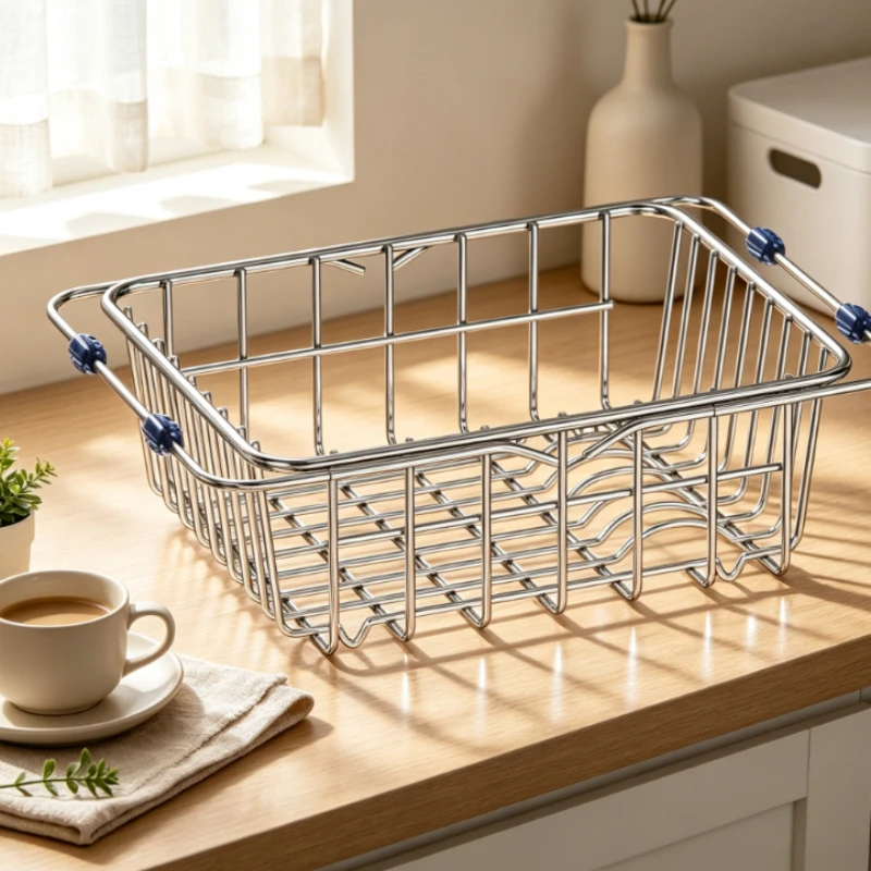 Sink Drain Basket Stainless Steel with Slot Design, Expandable for Dishwashing & Vegetable Rinsing, Space-Saving Kitchen Caddy