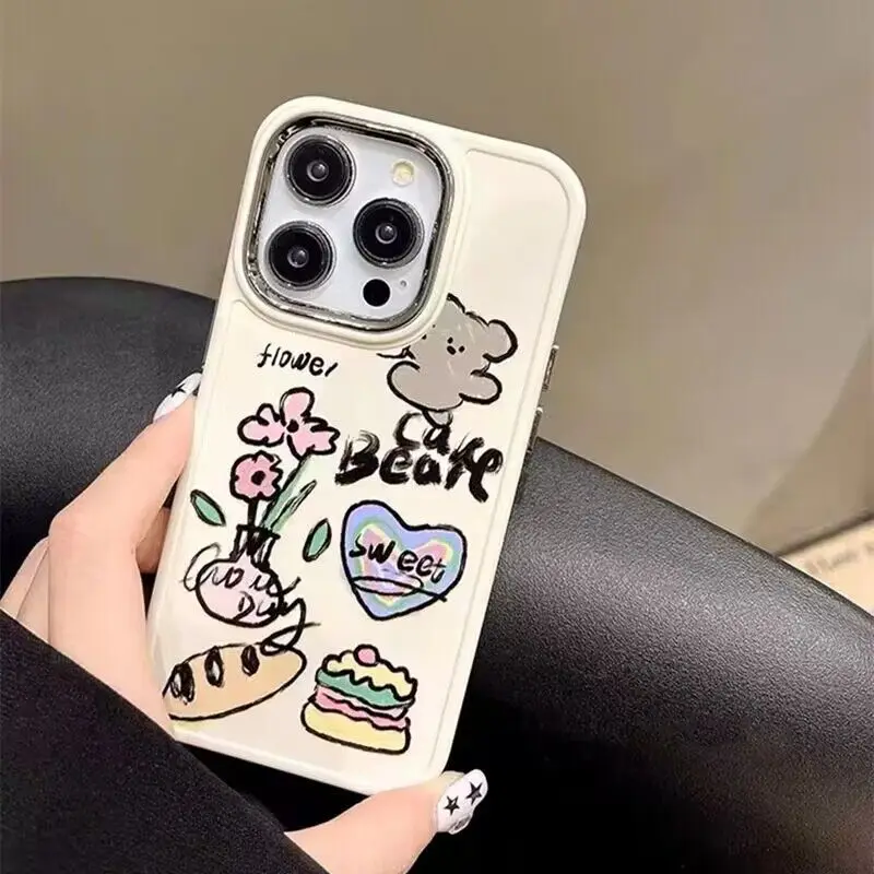 2023 Shockproof Silica Gel Phone Case For iPhone14 11 12 13 15 Pro Max XS X 7 8 Plus Pink Graffiti Bread Bear Pattern Phone Case