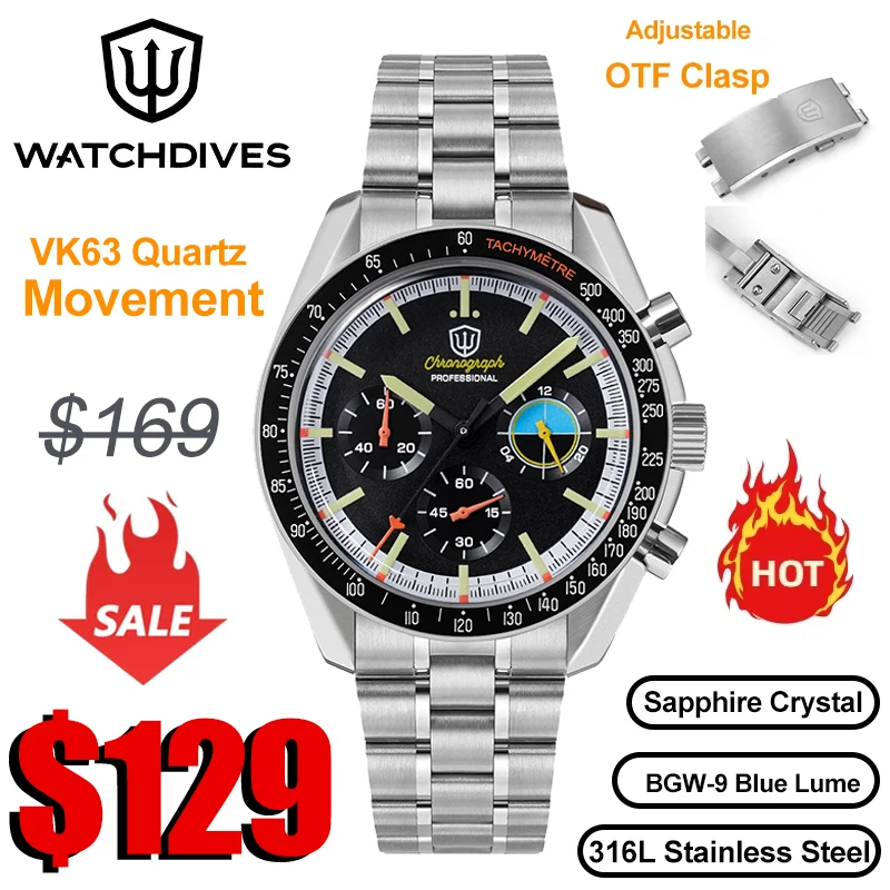 Watchdives WD1863 39mm VK63 Chronograph Watch OTF Clasp Sweep Quartz Movement Sapphire Luminous 100m Waterproof Watches