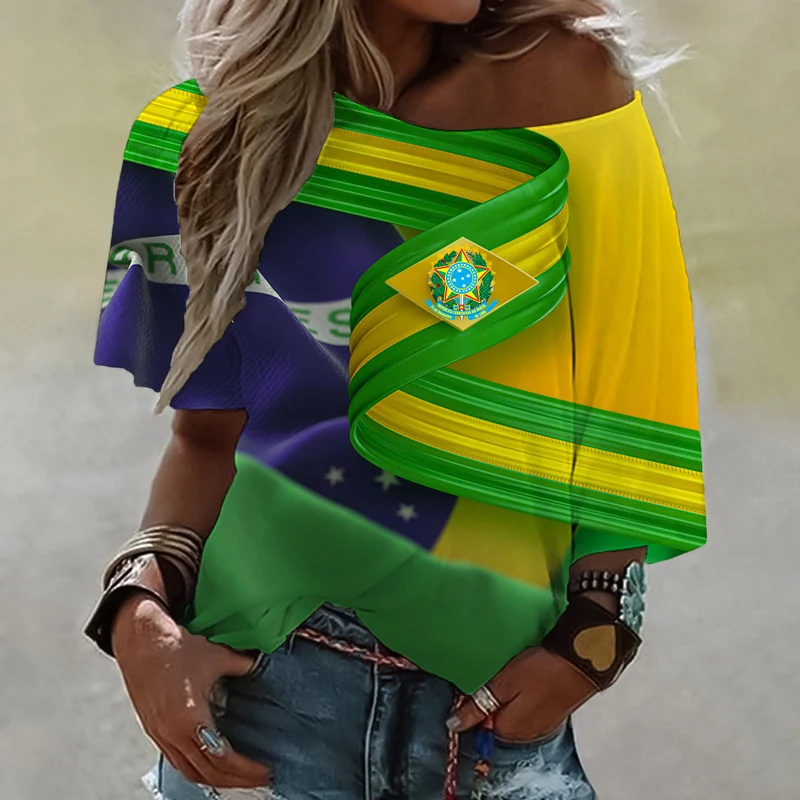 Summer BraSil Flag Painting Women T Shirt Loose Brazil National Emblem 3D Print Summer Girl Off Shoulder Tops Shirt