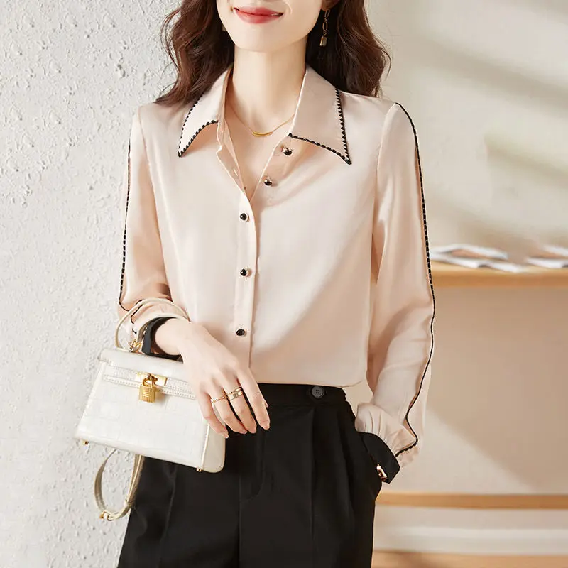 Women\'s Clothing Commute Solid Color Blouse 2024 Spring Autumn Single-breasted Stylish Lapel Korean Bright Line Decoration Shirt