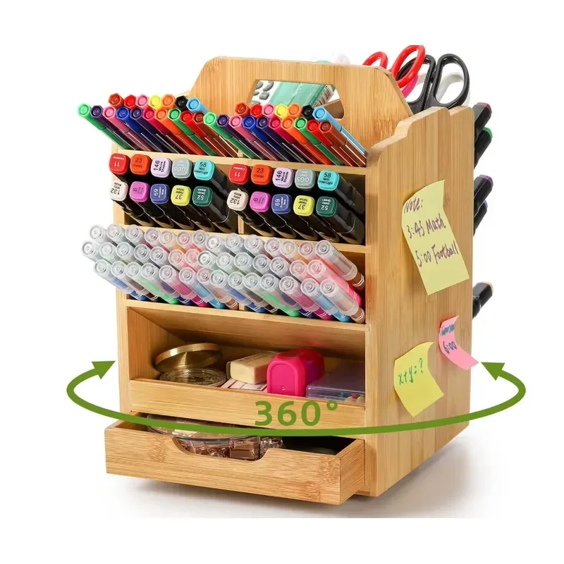 Bamboo pen holder storage box 360 ° rotating art supplies storage box, new