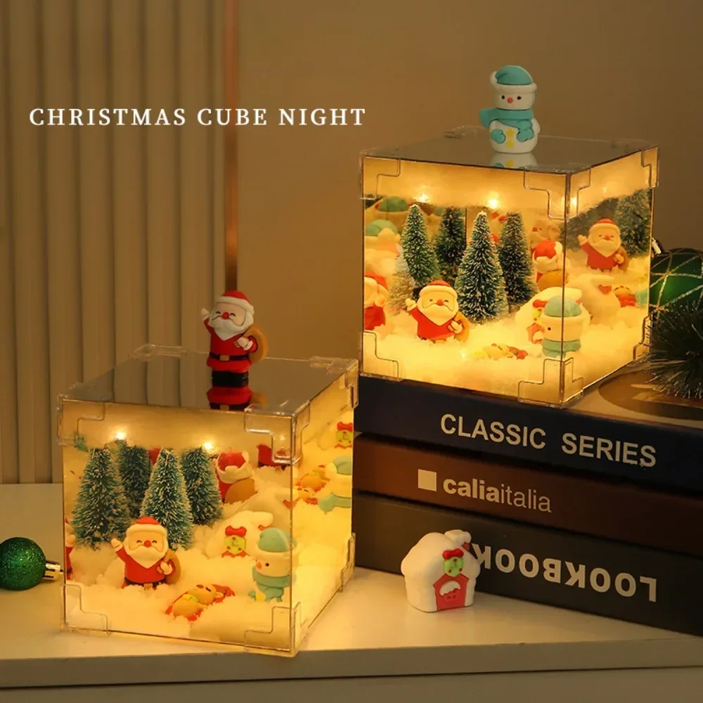 2024 Christmas DIY Decorations Mirror and LED Cube Lamp 3D Santa Claus Snowman Tree Christmas Lights DIY Material Kit Xmas Decor