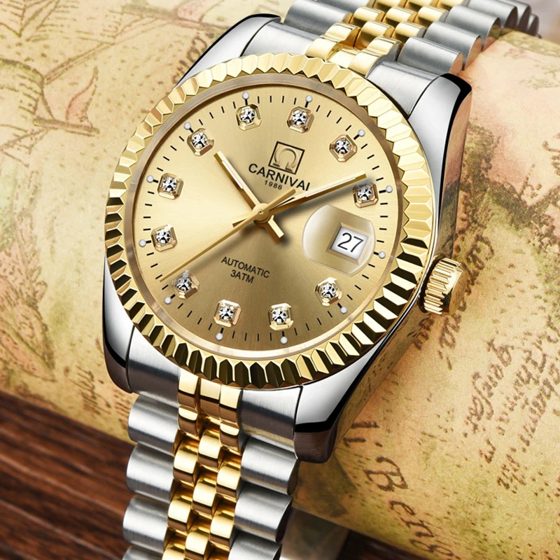 CARNIVAL Classic Diamond Time Automatic Mechanical Watches For Men Fashion Luminous Calendar Luxury Business Watch Men's - view 3