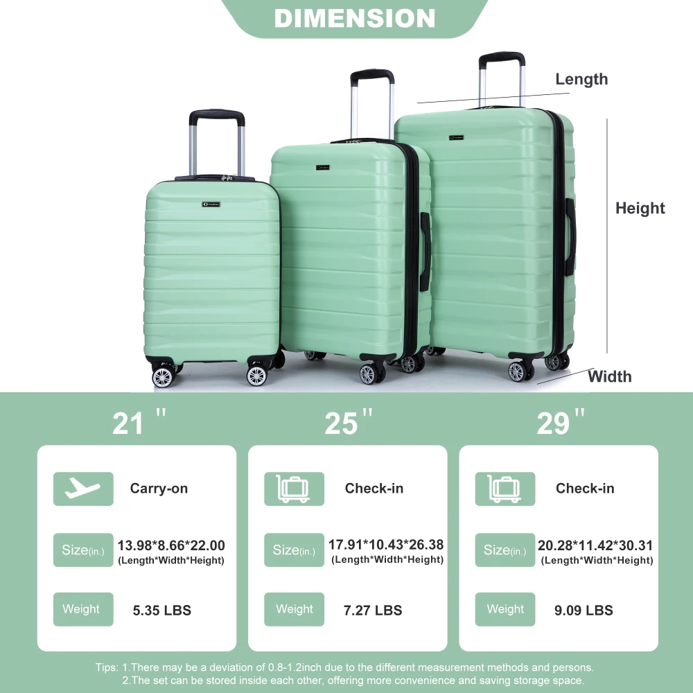 3 Piece Luggage Sets PC Lightweight Durable Expandable Suitcase Two Hooks Double Spinner Wheels TSA Lock(21/25/29) Light Green