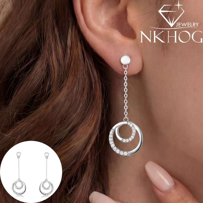 S925 Sterling Silver Earring Women D VVS1 Full Moissanite Long Drop Earrings Double Circle Dangle Earrings Fine Jewelry Gift GRA