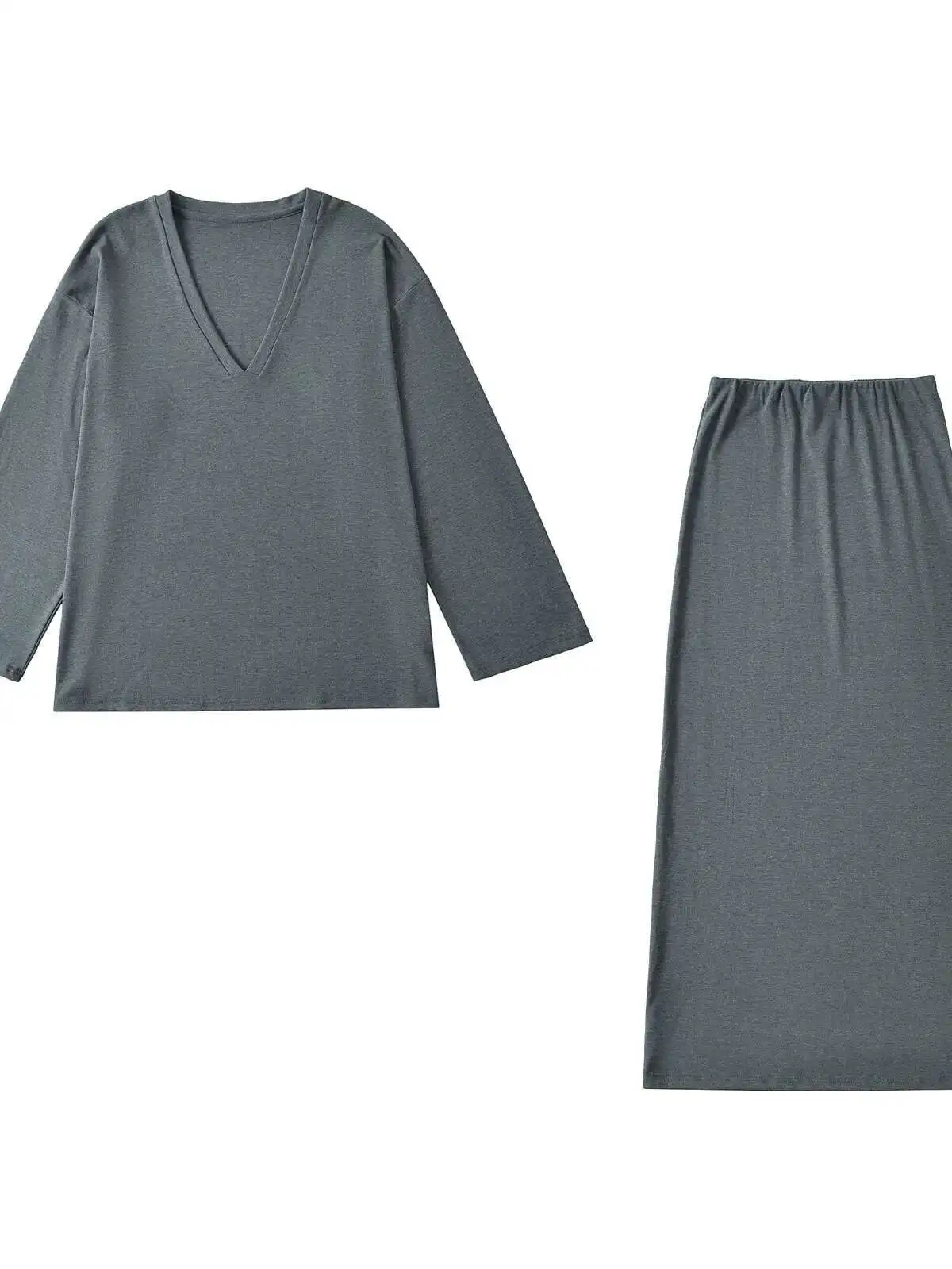 Set Kasual Longgar Baru 2024 Wanita Musim Semi/Musim Gugur Atasan Warna Polos Lengan Panjang Leher-v + Rok Panjang Pinggang Tinggi Set Dua Potong 21M2