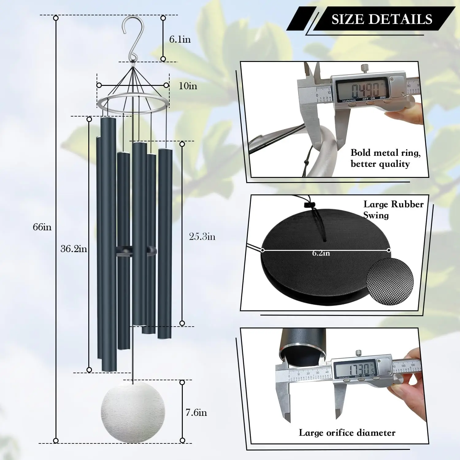 Extra Large Deep Tone 66 Inch Outdoor Wind Chimes 6 Tuned Tubes Produce Relaxing Melody Memorial Decor Mom Garden Black