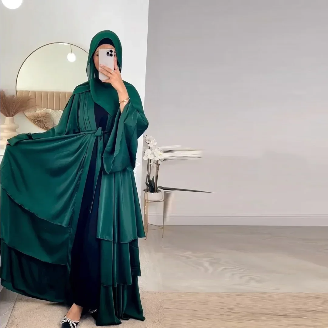 Satin Abaya Dubai gaun Abaya terbuka Ramadan mewah pakaian Islami Turki Arab untuk wanita Muslim Kimono wanita Muslim Kaftan