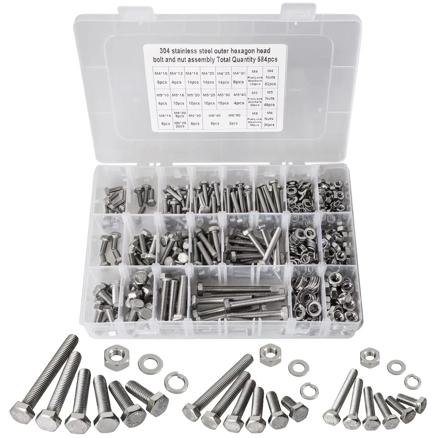 584 PCS M4 M5 M6 Metric Bolts Set, Hexagonal Bolts,  Stainless Steel Heavy-duty Flat Head Hexagonal Head Screws and Nut