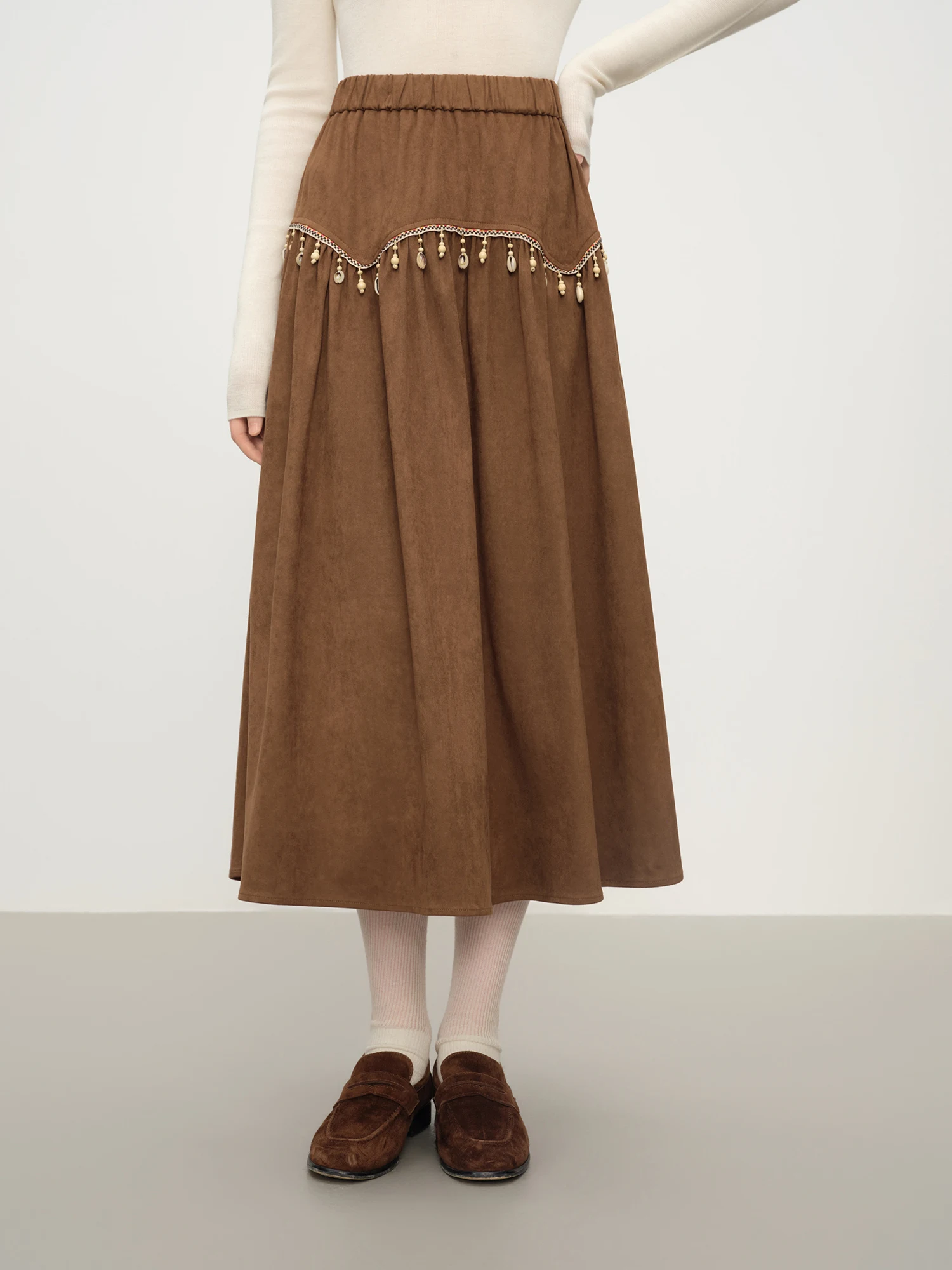 FSLE Retro Suede Shell Tassel A-line Skirt Women's Winter Midi 2025 New Exquisite Skirt Elastic Waist Temperament