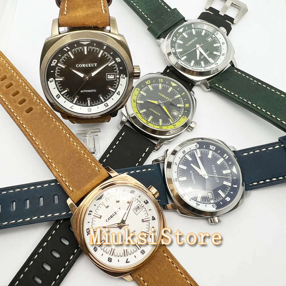 Corgeut 42mm NH35 Movement Automatic Mechanical 24 Jewels Men Watch Black/Green/White/Blue Dial with Green Black Leather Strap