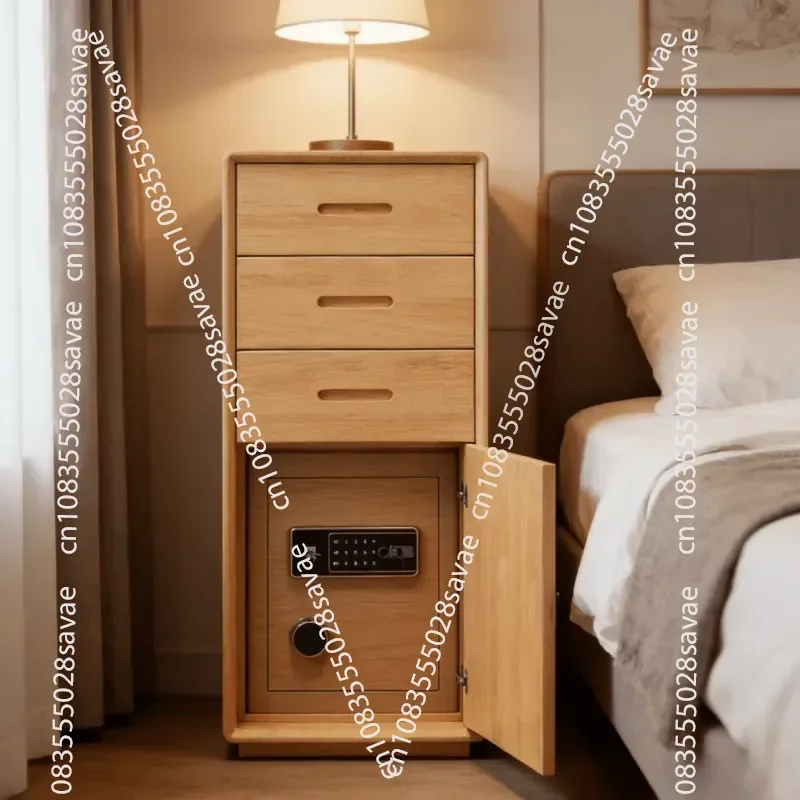 Modern Rubberwood Bedside Table with 3 Drawers and Password Safe for Bedroom Furniture