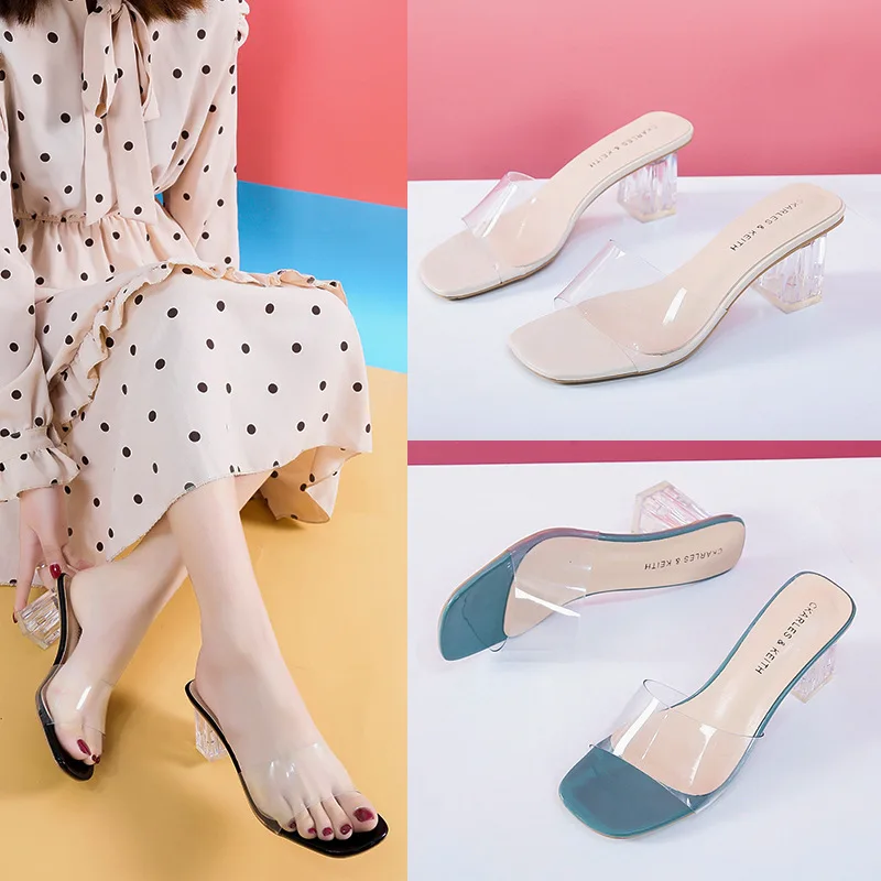 Crystal Clear Transparent Slippers Female Shoes Middle Heels Comfortable New Summer Women Shoes Woman Fashion Cool Mules Slides