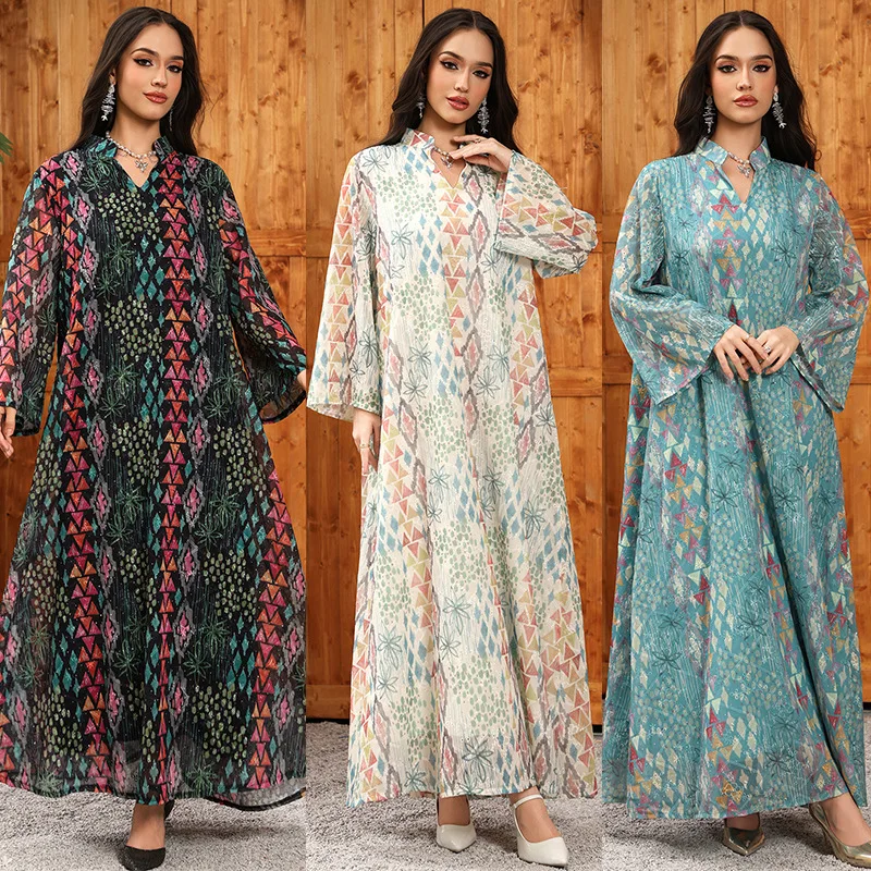 

Muslim Luxury Fashion Versatile Dress Embroidered Water Diamond Hot Stamping Printed Long Sleeve Casual Dress