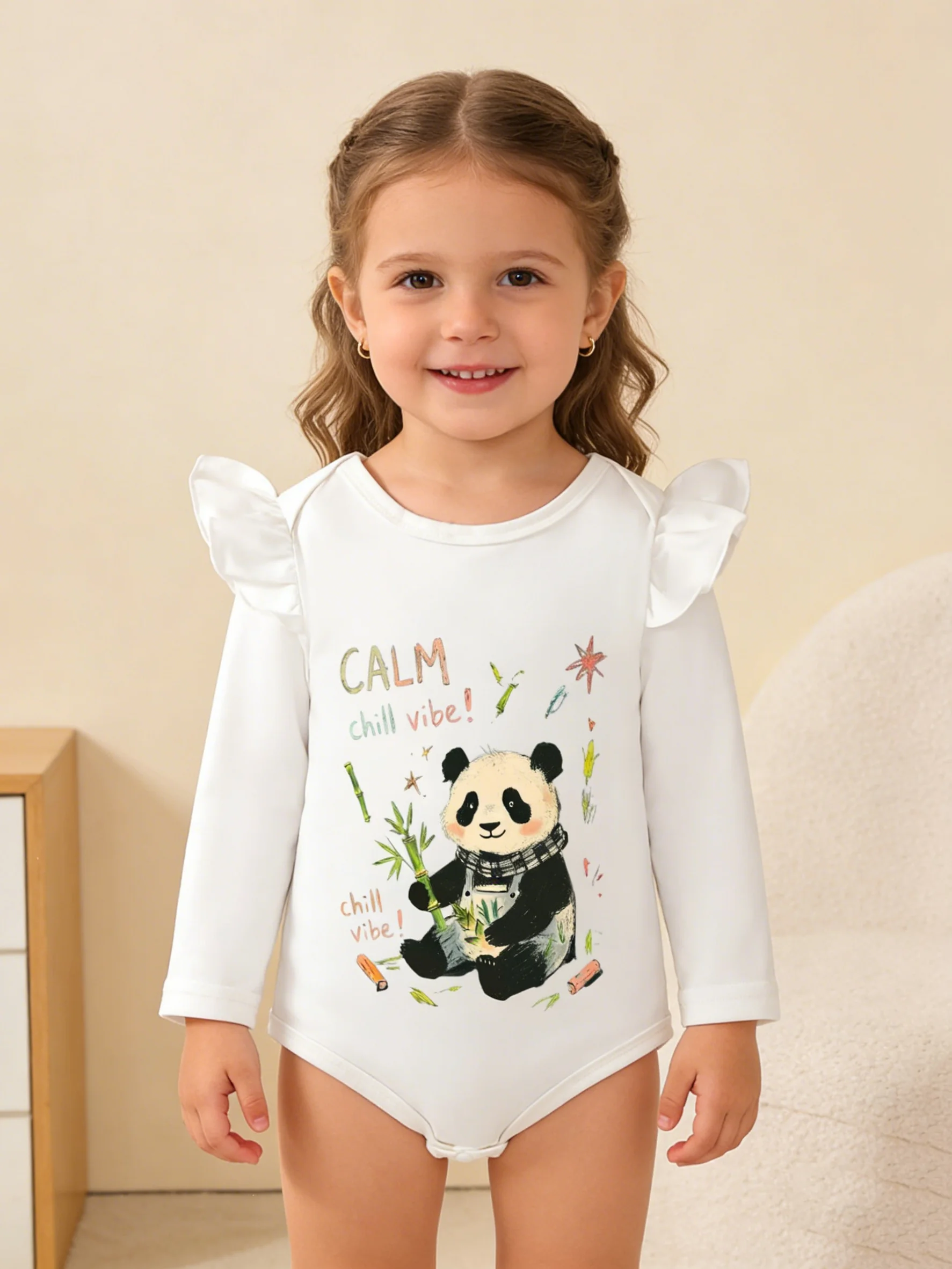 

Летний комбинезон с длинными рукавами и милым принтом панды для маленьких девочек — повседневное очаровательное боди с милой оборкой и отделкой