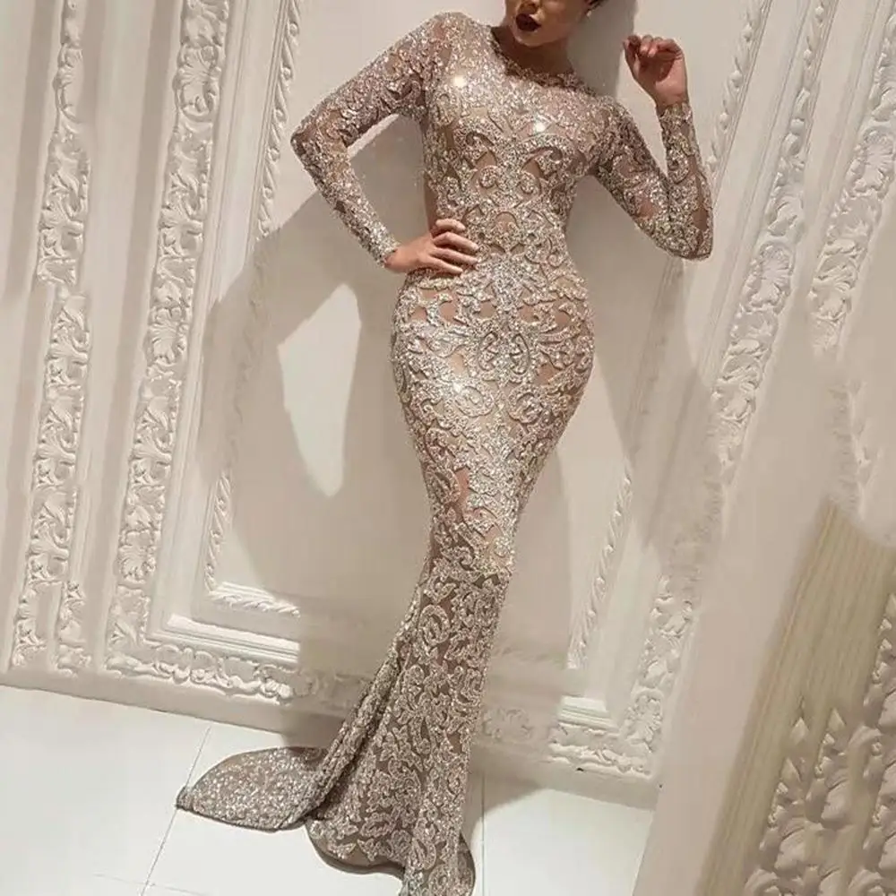 Elegant Long Sleeve Women's Dress Gold Embossed Slim Fit Evening Gown Spring 2027 New Arrival PU Fabric Ethnic Stage Costume