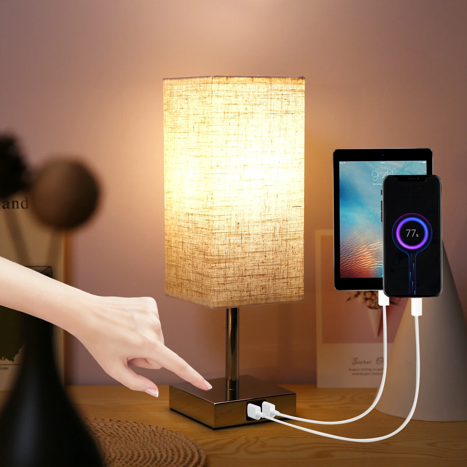 2 Packs Fabric Bedside Table Lamp Nightstand Lamp with LED Bulb Desk Light Touch Control USB A Type C Charging Ports