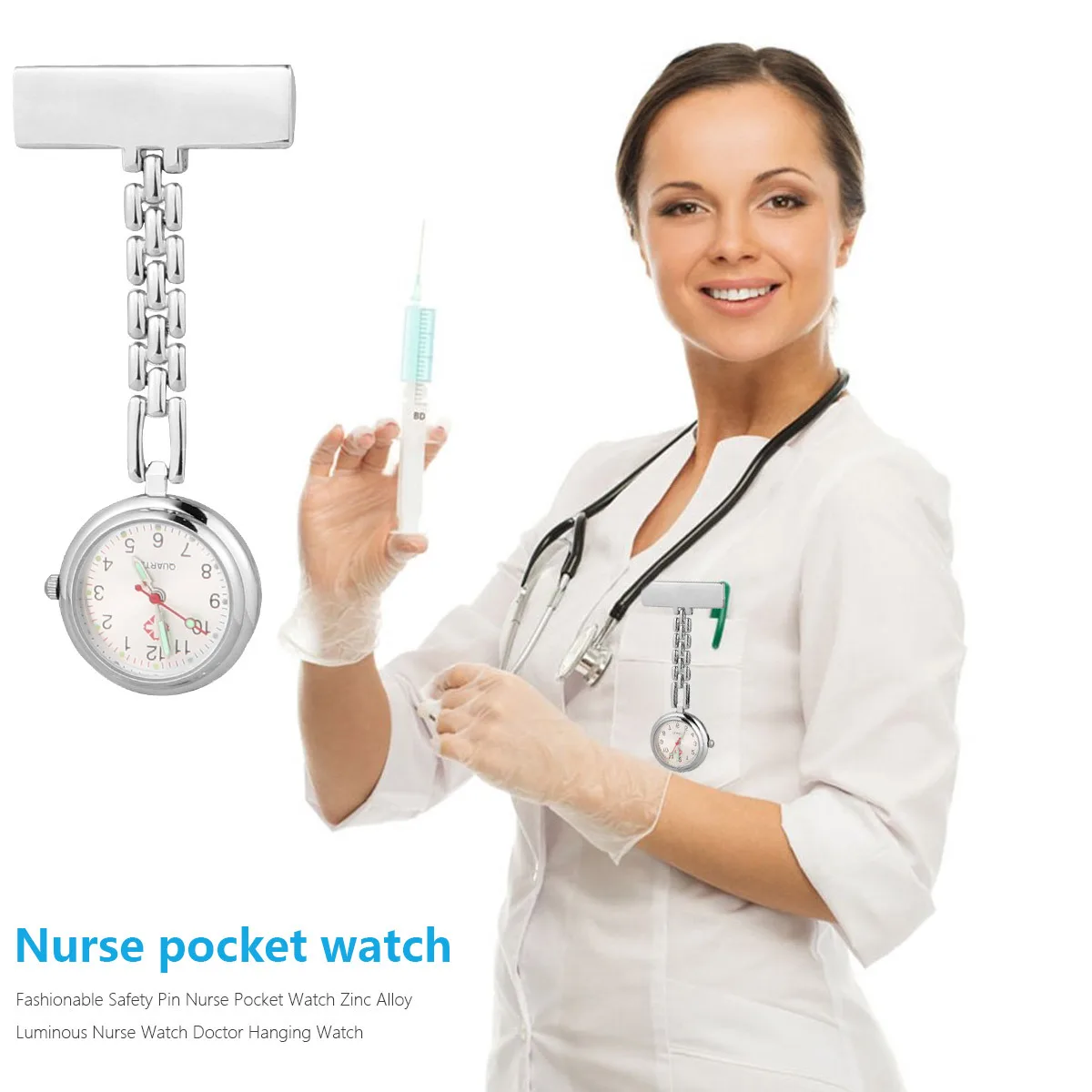 ساعة جيب بتصميم بسيط، عقارب فضية مضيئة، مشبك دبوس أمان للجسم من سبائك الزنك لممرضة الطبيب، ساعة جيب لارتداء الصدر #2
