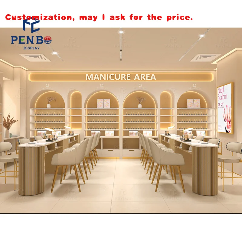 custom.Custom Simple Style Nail bar Salon Furniture Wooden Nail Display Cabinet Modern Beauty Spa Nail Salon Interior Design