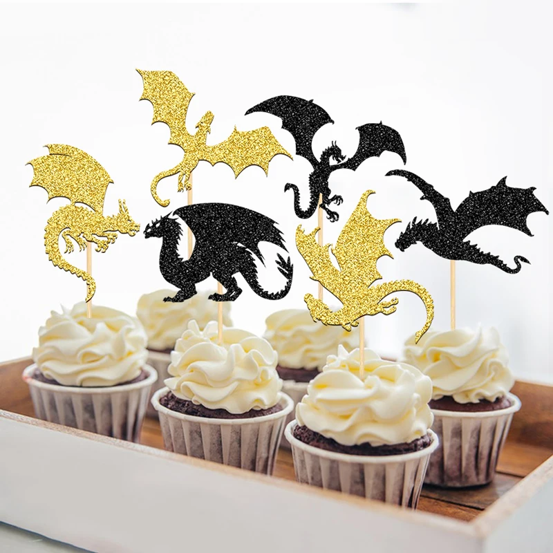 YOMDID 24 Stück Glitzer-Flugdrachen-Kuchenaufsätze, Drachen-Dinosaurier-Cupcake-Topper für Babyparty-Geburtstagstorten-Dekorationen