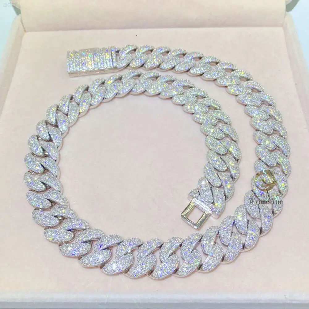 350g Bussdown 18mm 3rows 925 Solid Sterling Silver Vvs Moissanite Miami Cuban Link Chain