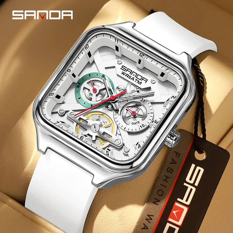 

SANDA9085 Square Quartz Watch Night Light Waterproof 5ATM Silicone Strap Calendar Display Men's Fashion Casual Watch